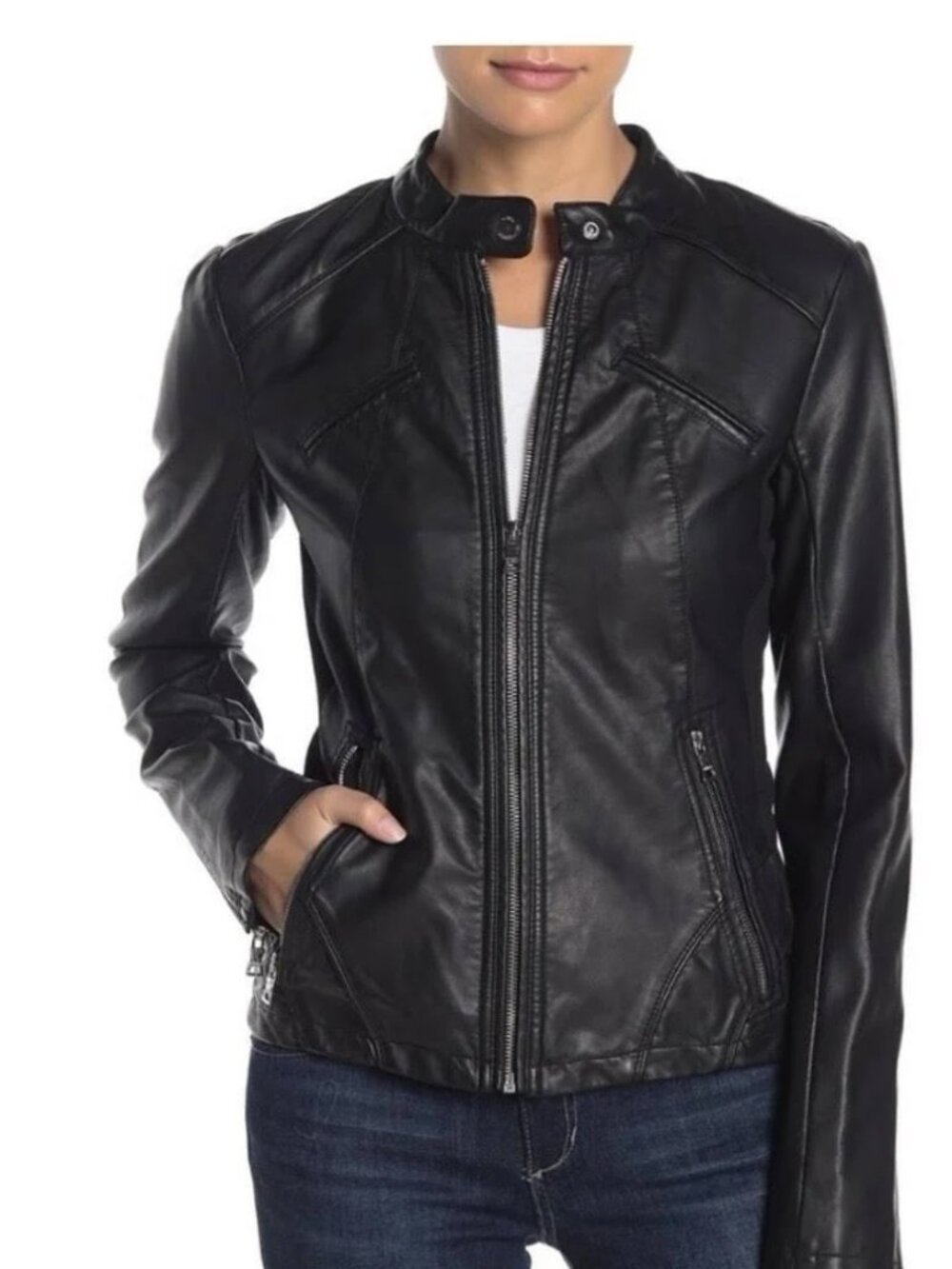 Guess Faux-Leather Black Racer Jacket - L/XL